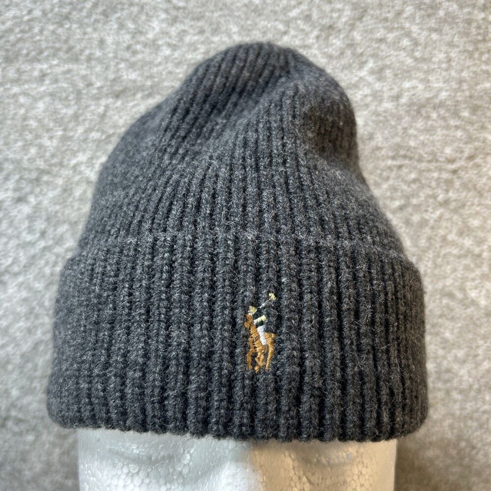 Polo Ralph Lauren Pony Embroidered Cap Wool Beanie Hat Ribbed Knit Preppy Gray